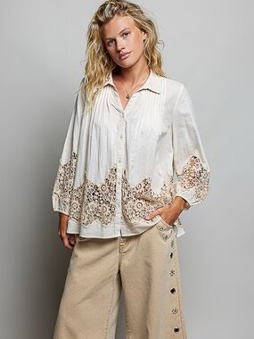 NWT - POL Light Cream Crochet-Trim Button Down Shirt